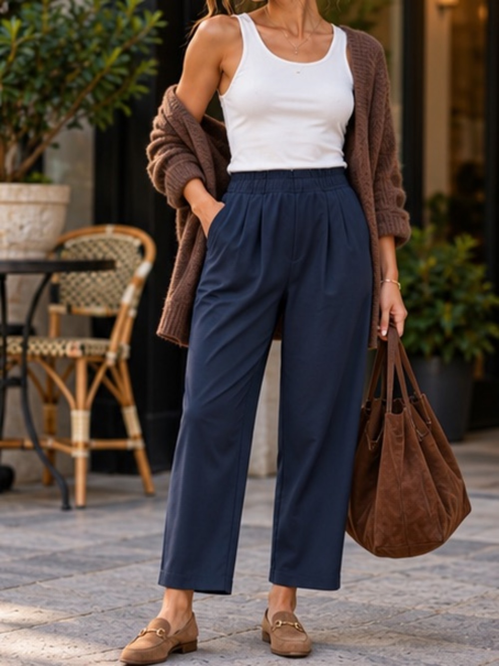 Les Tien 100% Cotton Penny Pleat Navy Blue High Waist Wide Leg Pants